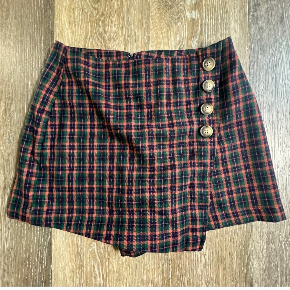 Aeropostale Plaid Skort Womens Small Green Orange Button Front Faux Wrap Mini
